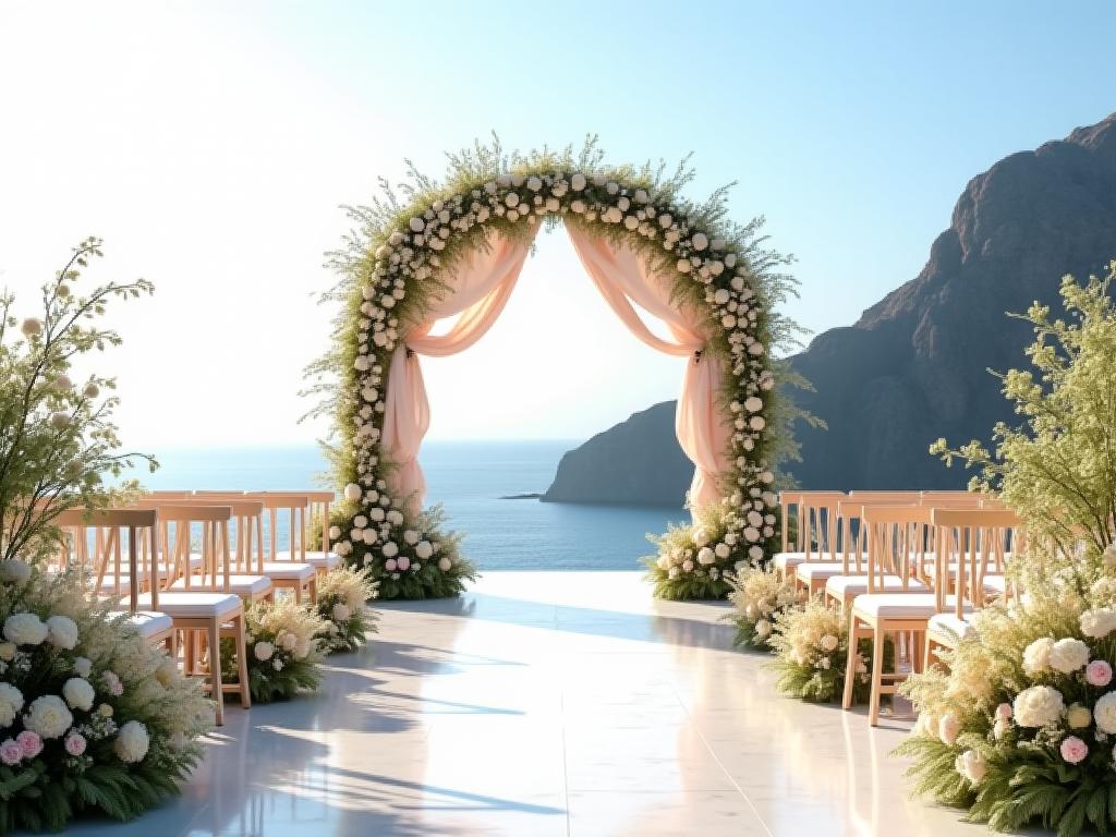 Ceremonia de boda romántica en una finca con vistas al mar, planificada por Mariposa Viajes.
