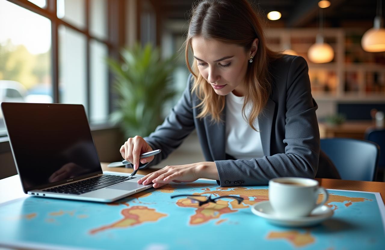 Mujer planeando un viaje personalizado sobre un mapa del mundo