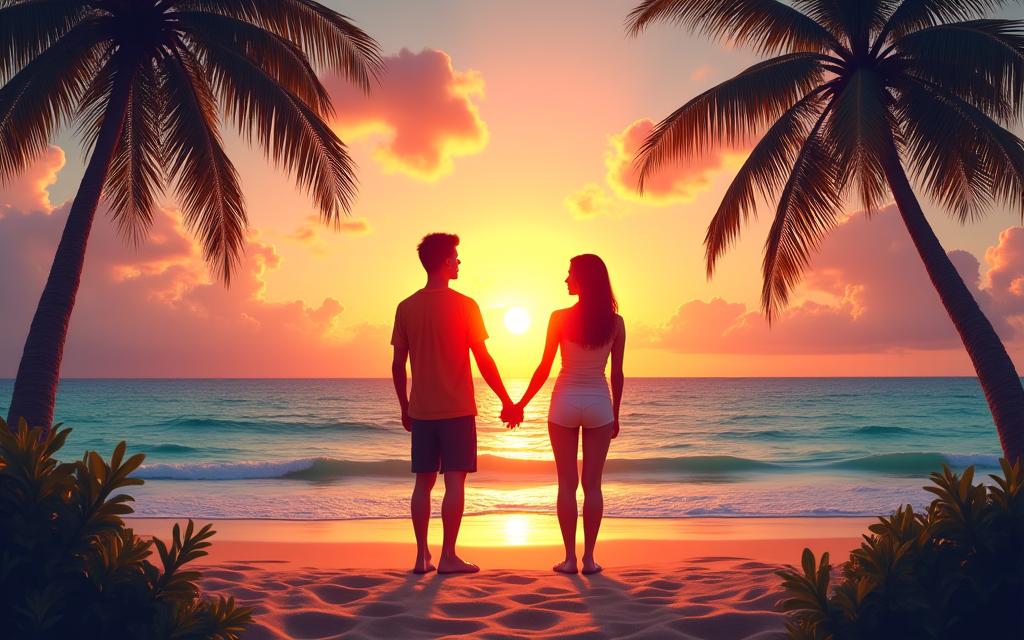 Pareja disfrutando de un atardecer en una playa tropical, parte de un paquete vacacional a medida.
